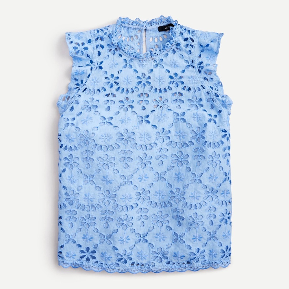 J. Crew Mockneck Top Embroidered Eyelet Flutter Sleeve Light Blue
